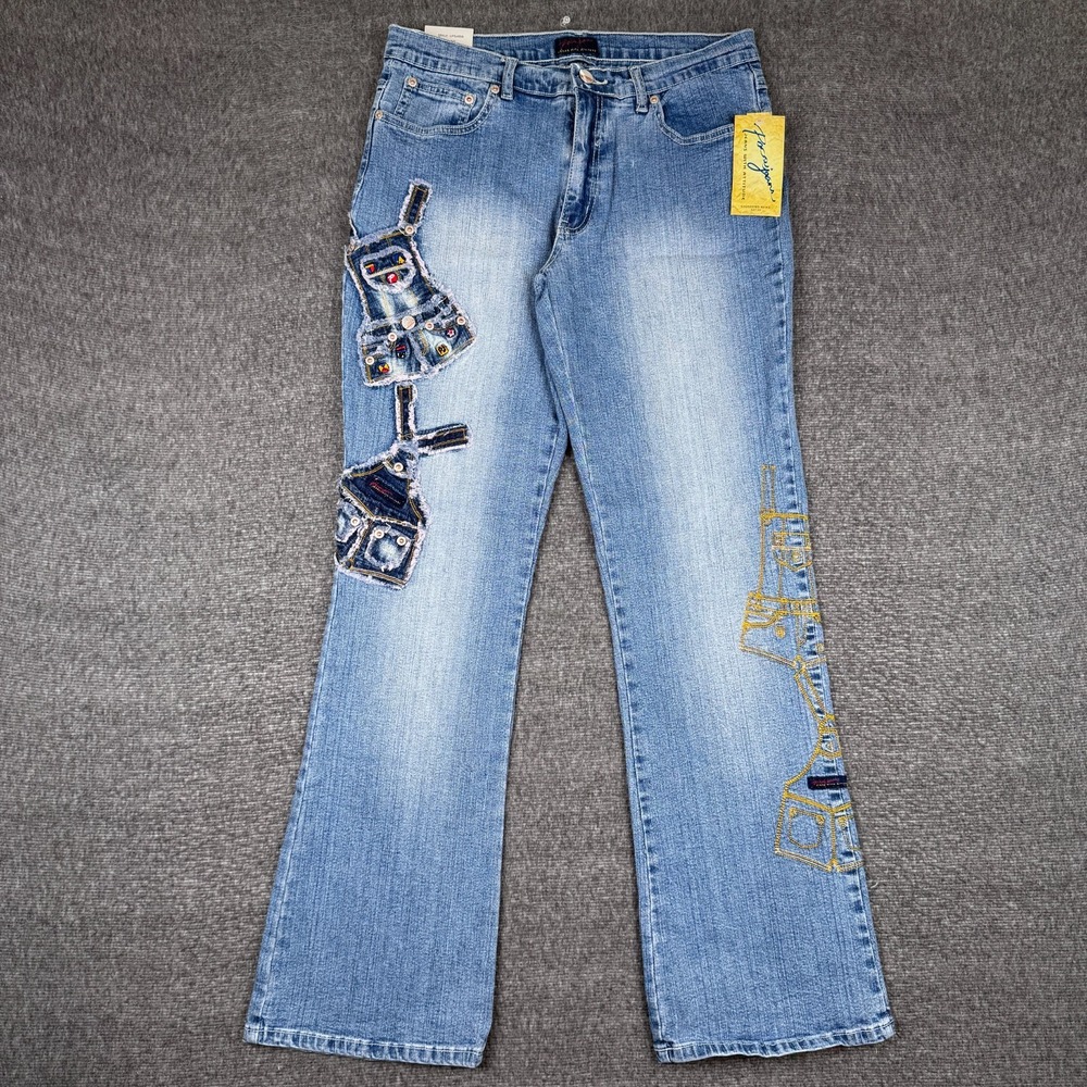 Vintage Paco Jeans Womens 13 Blue Embroidered Flare Bootcut Distressed Y2K NWT